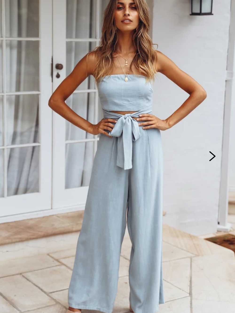 Hello Molly Light Blue Strapless Tie-Waist Wide-Leg Jumpsuit
